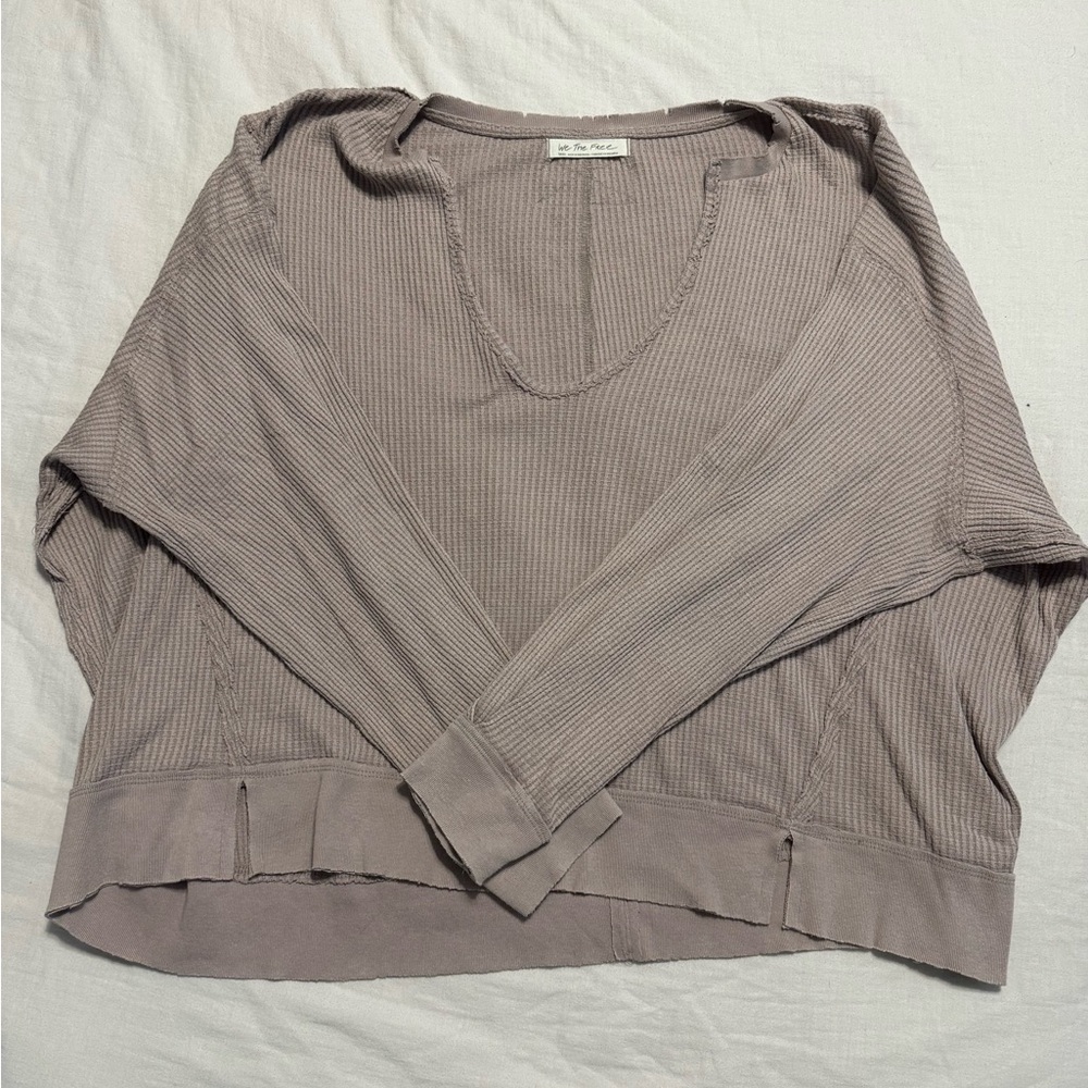 We The Free Ribbed V-Neck Long Sleeve Top - Mauve Taupe